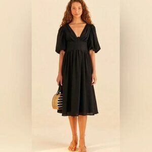 Farm Rio Corset Bodice Puff Sleeve Open Back Midi